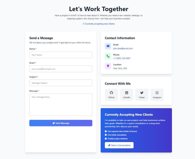 Pu&ograve; includere: Un modulo di contatto del sito web con il testo "Let's Work Together". Il modulo include campi per nome, email, oggetto e messaggio. Vengono visualizzate anche le informazioni di contatto e i collegamenti ai social media. La pagina indica "Attualmente accettando nuovi clienti".