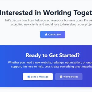 Pu&ograve; includere: Una pagina web con il testo "Interessati a lavorare insieme?" e "Pronti per iniziare?" in caratteri grandi e in grassetto. La pagina ha uno schema di colori blu e bianco con pulsanti che dicono "Contattami", "Invia un messaggio" e "Visualizza servizi".