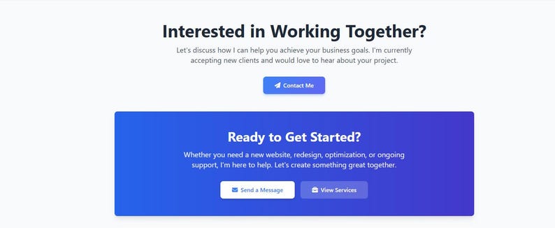 Pu&ograve; includere: Una pagina web con il testo "Interessati a lavorare insieme?" e "Pronti per iniziare?" in caratteri grandi e in grassetto. La pagina ha uno schema di colori blu e bianco con pulsanti che dicono "Contattami", "Invia un messaggio" e "Visualizza servizi".