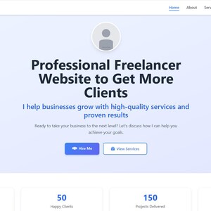 Pu&ograve; includere: Design del sito web con sfondo blu sfumato. Il testo recita "Freelance Professionista Sito Web per Ottenere Pi&ugrave; Clienti". Sotto, si legge "Aiuto le aziende a crescere con servizi di alta qualit&agrave; e risultati comprovati."