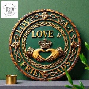 May include: Circular wall plaque in green and gold, featuring the words "LOVE & FRIENDSHIP" and a Claddagh design. The design includes a crown, hands forming a heart, and a Celtic knot border. A small gold container is in the lower left corner.