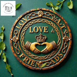 May include: A circular Claddagh wall plaque in green and gold. The plaque features the words "Love, Loyalty, Friendship" and a pair of hands holding a heart, topped with a crown. A decorative item for the home.