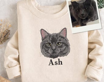 Custom Personalized Embroidered Pet Sweater, Dog & Cat Portrait from Your Photo with Name, Unisex Crewneck Gift for Pet Lovers