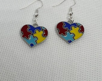 Autism Awareness Heart-Shaped Puzzle Piece Earrings