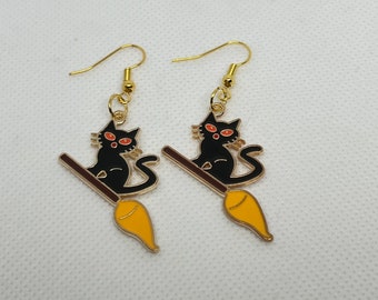Halloween Black Cat on a Broom Dangle Earrings