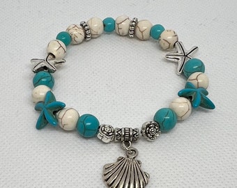 Starfish and Seashell Charm Bracelet in Turquoise and Cream