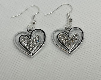 Silver Toned, Black and Crystal Heart Earrings