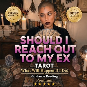 Pode incluir: Uma pessoa com a cabeça rapada e batom escuro segura um leque de cartas de tarot. O texto diz: SHOULD I REACH OUT TO MY EX TAROT What Will Happen If I Do? Guidance Reading Premium. Distintivos dourados exibem cinco estrelas.