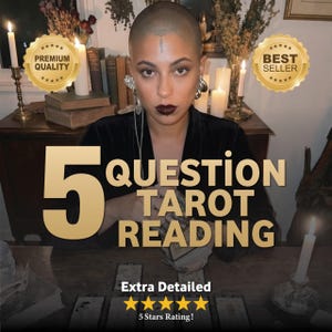 Puede incluir: Imagen que promociona una lectura de tarot de 5 preguntas. El texto dorado presenta a una mujer con lápiz labial oscuro y pendientes grandes. La imagen incluye una insignia de "Premium Quality" y "Best Seller", junto con una calificación de 5 estrellas.