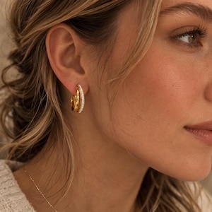 Stainless Steel Double Hoop Earrings, CZ Crystal Layered Hoops, Minimalist Gold Silver