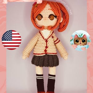 May include: A handmade crochet doll with orange hair, wearing a beige cardigan, a gray skirt, and black and white striped socks. The doll has brown eyes and is holding a red star. The image includes text that says "PDF Pattern - Koizumi Risa - By Kitsugurumi Crochet."