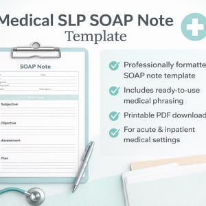 Puede incluir: Una plantilla de nota SOAP SLP médica en un portapapeles con un bolígrafo y un estetoscopio. La plantilla incluye secciones para subjetivo, objetivo, evaluación y plan. La imagen también incluye el texto "Plantilla de nota SOAP con formato profesional".
