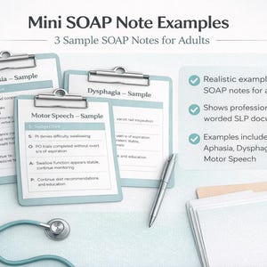 May include: Image showing three clipboards with SOAP note examples for adults, labelled Aphasia, Dysphagia, and Motor Speech. A stethoscope and pen are also present. Text on the image reads "Mini SOAP Note Examples" and "3 Sample SOAP Notes for Adults."