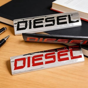 Peut inclure: Trois emblèmes chromés "DIESEL" avec lettrage noir et rouge. Les écussons rectangulaires sont posés sur une surface en bois, avec un stylo et des livres en arrière-plan. Le mot "DIESEL" est bien visible.