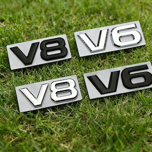 May include: Four rectangular car emblems with the letters V6 and V8. Two emblems have black lettering, and two have chrome lettering. The emblems are on a bed of green grass.