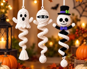 Halloween-virkmönsterpaket, spökmumieskelett-amigurumi PDF, spiralhängande ornament, enkel nybörjar-DIY Halloween-dekoration
