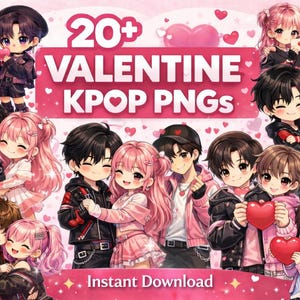 May include: Digital illustration featuring multiple K-Pop style anime characters in couples, holding hearts and roses. The image has a pink and red color scheme with the text "20+ VALENTINE KPOP PNGs" and "Instant Download".