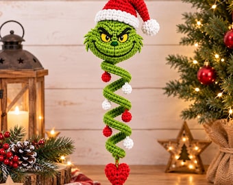 Grinchen virkmönster PDF, virkmönster för julgransprydnader i spiralform, Grinchen vindspinnare, handledning för nybörjare med amigurumi och juldekorationer