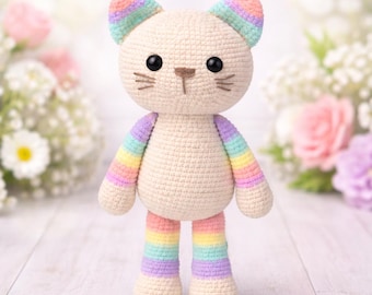 Patrón de ganchillo de gato arcoíris en PDF, patrón de amigurumi de gato fácil para principiantes, patrón de ganchillo de gatito, descarga instantánea.