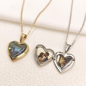 Collar con relicario de concha de abulón, colgante de corazón grabado a medida, regalo conmemorativo