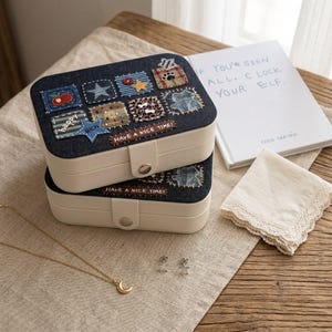 Patchwork Denim Jewelry Box, Tiered Travel Organizer, Compact Holder, HaveA Nice Time