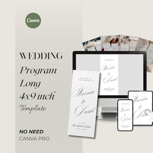 Könnte beinhalten: Eine 4x9 Zoll Hochzeitskarten-Vorlage, dargestellt auf einem Computermonitor, einem Tablet und einem Smartphone, neben einer gedruckten Version. Das weiße Papier zeigt schwarzen Text "Welcome to the wedding of Veronica & Daniel" in Schreibschrift.