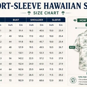 May include: A size chart for a short-sleeve Hawaiian shirt featuring a table with US sizes from XS to 6XL, including length, bust, shoulder, and sleeve measurements in inches and centimeters, alongside a diagram showing how to measure the shirt.