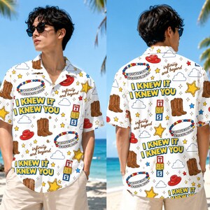 May include: A white short-sleeve button-down shirt featuring a repeating pattern of brown cowboy boots, red hats, yellow stars, white clouds, colorful beaded bracelets, and blocks with the text I KNEW IT I KNEW YOU and infinity and beyond.
