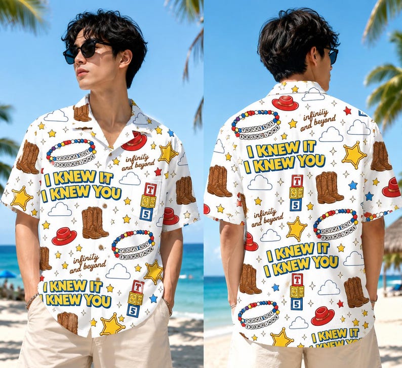 May include: A white short-sleeve button-down shirt featuring a repeating pattern of brown cowboy boots, red hats, yellow stars, white clouds, colorful beaded bracelets, and blocks with the text I KNEW IT I KNEW YOU and infinity and beyond.