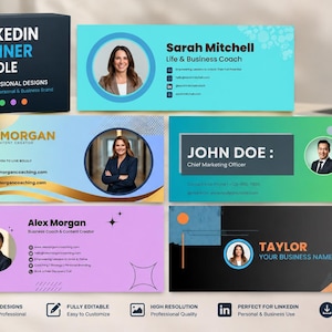 May include: A digital bundle of five LinkedIn banner templates featuring various color schemes including light blue, gold, green, purple, and black. Each banner displays placeholder text, contact information, and circular portrait frames.