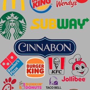 May include: A collection of fast food restaurant logos including McDonald's, Burger King, Wendy's, Pizza Hut, Starbucks, Subway, Cinnabon, Domino's Pizza, KFC, Jollibee, Dunkin' Donuts, Taco Bell, Chick-fil-A, and Papa John's on a gray background.