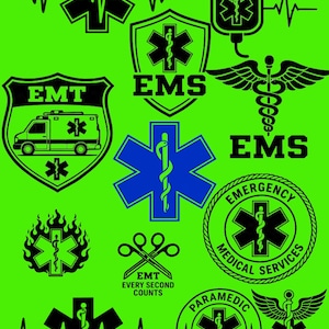 Op de afbeelding: Een verzameling zwarte en blauwe medische afbeeldingen op een heldere limoengroene achtergrond, met de Ster van het Leven, een ambulance, EMS-schilden, caduceussymbolen en tekst waaronder EMT, EMS en de zin EMT EVERY SECOND COUNTS.