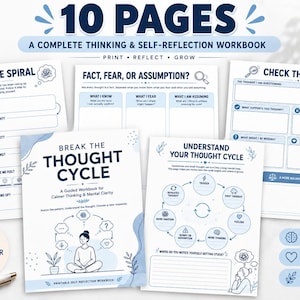 Puede incluir: Un cuaderno de ejercicios de autorreflexión de 10 páginas titulado Break the Thought Cycle. Las páginas presentan diseños en azul y blanco con indicaciones como Follow the Spiral, Fact, Fear, or Assumption y Check the Evidence.
