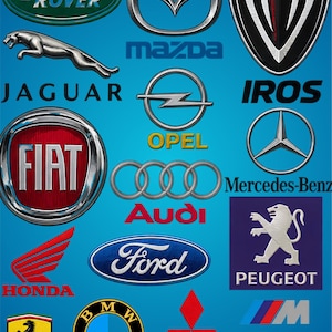 Puede incluir: Una colección de logotipos de marcas de automóviles sobre un fondo azul, que incluye los logotipos y textos de Land Rover, Mazda, Iros, Jaguar, Opel, Mercedes-Benz, Fiat, Audi, Honda, Ford, Peugeot, Ferrari, BMW, Mitsubishi, M y Maserati.