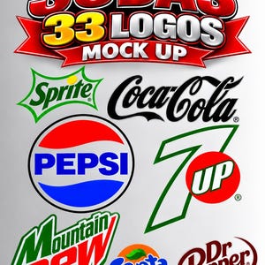 以下が含まれることがあります： 赤と白の太字で「SODAS 33 LOGOS MOCK UP」と書かれたデジタルグラフィック。タイトルの下には、スプライト、コカ・コーラ、ペプシ、セブンアップ、マウンテンデュー、ファンタ、ドクターペッパーなどの炭酸飲料ブランドのロゴが白い背景に配置されています。