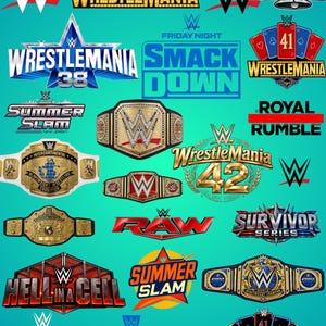 May include: A collection of WWE logos and championship belts on a teal background, including WrestleMania 41, 38, and 42, SmackDown, Raw, SummerSlam, Royal Rumble, Survivor Series, and Hell in a Cell, alongside various gold and silver title belts.