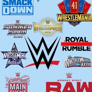Pode incluir: Uma coleção de logotipos da WWE incluindo Friday Night SmackDown, NXT, WrestleMania 41, SummerSlam 2025, WrestleMania XXIX, Royal Rumble, WrestleMania 25th Anniversary, WrestleMania XXVIII, Saturday Night's Main Event e Monday Night Raw.