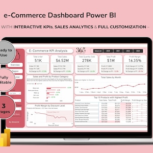 May include: A laptop screen displaying an e-commerce dashboard with interactive KPIs, sales analytics, and full customization. The dashboard shows key metrics like total order, sales, and profit margin. The screen also features charts and graphs for data visualization.