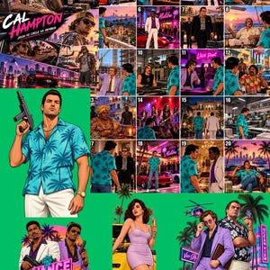 Pode incluir: Uma colagem de ilustrações promocionais de Grand Theft Auto VI com vários personagens em cenários tropicais, incluindo uma figura central com camisa azul estampada de palmeiras, um personagem de roxo, uma mulher de vestido lavanda e carros esportivos.