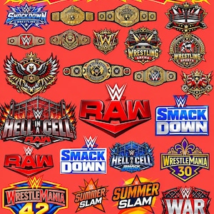 May include: A digital download collection featuring various WWE wrestling logos, championship belts, and event graphics including Raw, SmackDown, Hell in a Cell, WrestleMania 30 and 42, SummerSlam, and War Games, all displayed on a solid red background.