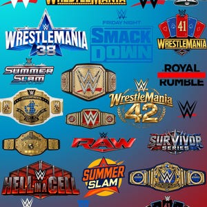 Può includere: Una collezione di loghi e cinture di campionato WWE tra cui WrestleMania 41, 38 e 42, SmackDown, SummerSlam, Royal Rumble, Raw, Survivor Series e Hell in a Cell. L'immagine presenta varie cinture da wrestling dorate e blu.