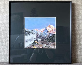 Original Mountain Annapurna Painting, Gouache and Colored Pencil, Alpine Landscape, 20x20 cm Artwork, Framed Art, One of a Kind