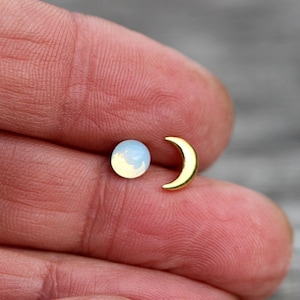 Tiny Gold moon & glass opal stud earrings. Mismatched dainty earrings for her. Sterling gold plated. image 4