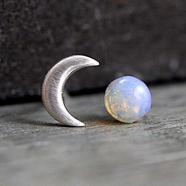 Sterling Crescent Moon and glass opal stud earrings. Mismatched dainty earrings for her. Bridal earrings, bridesmaid.