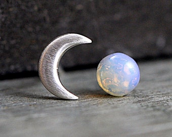 Sterling Crescent Moon and glass opal stud earrings. Mismatched dainty earrings for her. Bridal earrings, bridesmaid.