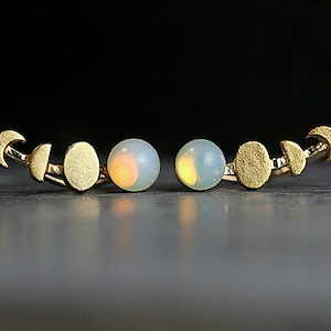 Moon Phase ear climbers. Ear crawler with glass opal. 18k gold over sterling earrings waning and waxing moon. image 2