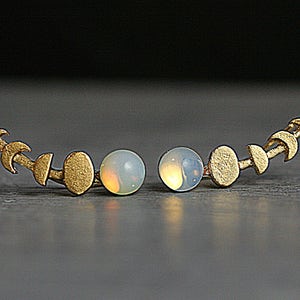 Moon Phase ear climbers. Ear crawler with glass opal. 18k gold over sterling earrings waning and waxing moon. image 3