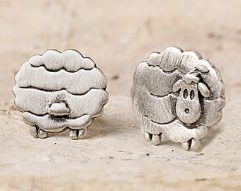 Front back sheep stud earring. 925 sterling silver. Cute mismatched stud earrings. Gifts for her. Unique jewelry.
