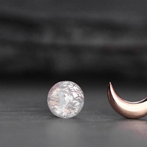 Tiny Rose Gold moon & glass opal stud earrings. Mismatched dainty earrings for her. Sterling rose gold plated. image 2