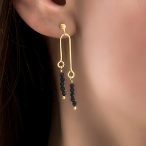 Dangling agate black & gold stud earrings. U Shape. Sterling real 18k gold plated. Waterproof. Unique gift idea for women.